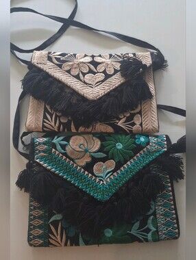 Embroidered Floral Tassel Crossbody Bag — Black with Teal and Beige Accents
